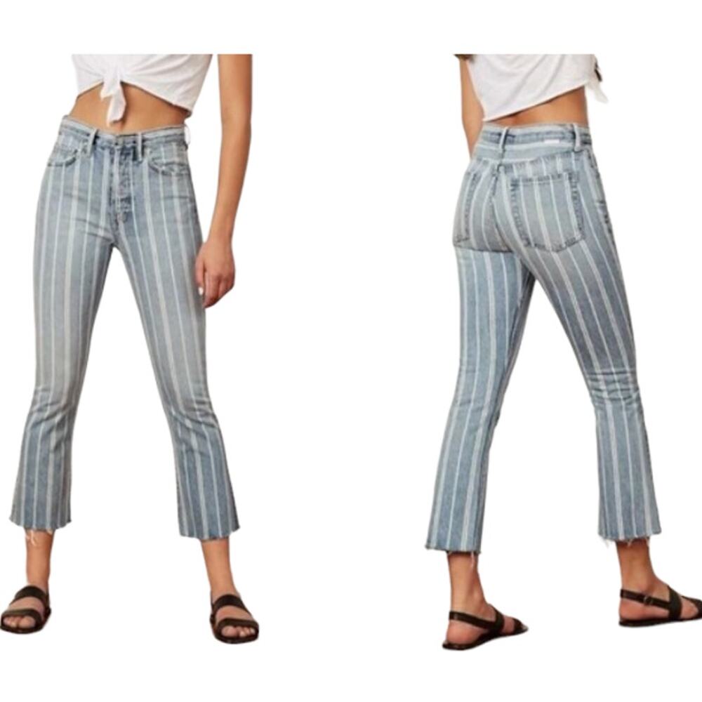 BOYISH by Her Darcy Blue White Striped Crop Raw Hem‎ Button Fly Jeans Size 25